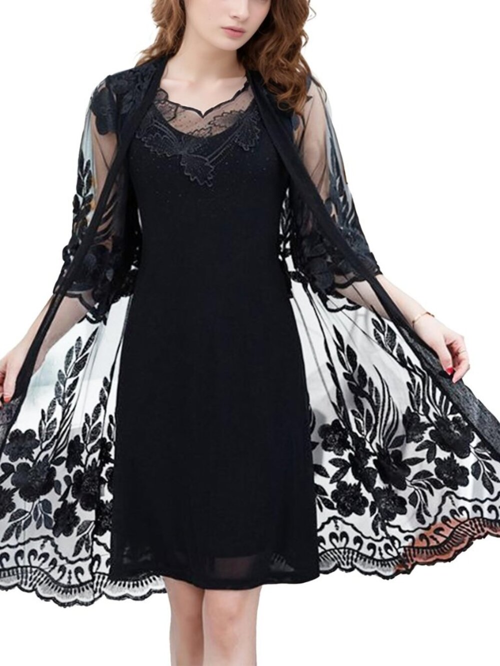 Women’s Floral Lace Embroidery Cardigan 3/4 Sleeve Sheer Mid-Long Coat Kimono